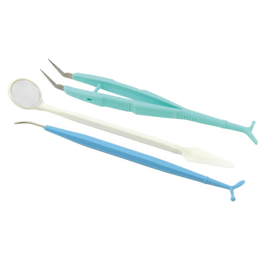 Dental examination kit with mirror, tweezers and scaler tool for oral hygiene