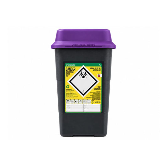 7L Wide Sharpsafe Recycled Sharps Bin with Purple Lid