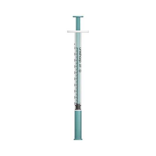 1ml 0.5 inch 27g Teal Green Unisharp Syringe and Needle u100 UF27N UKMEDI.CO.UK