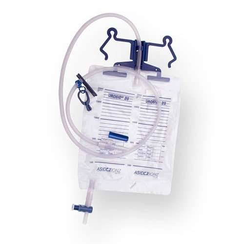 Urosid 20 urinary catheter bag with non-return valve and microfilter, including a port for specimen collection.