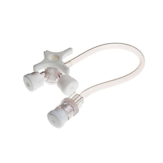 A BD Connecta 3-way stopcock with a 25cm extension line, predominantly white in color, used for infusion therapy and pressure measurement.