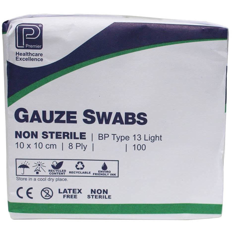 10 x 10cm 8ply Premier Green Cotton Gauze Swabs Pack of 100