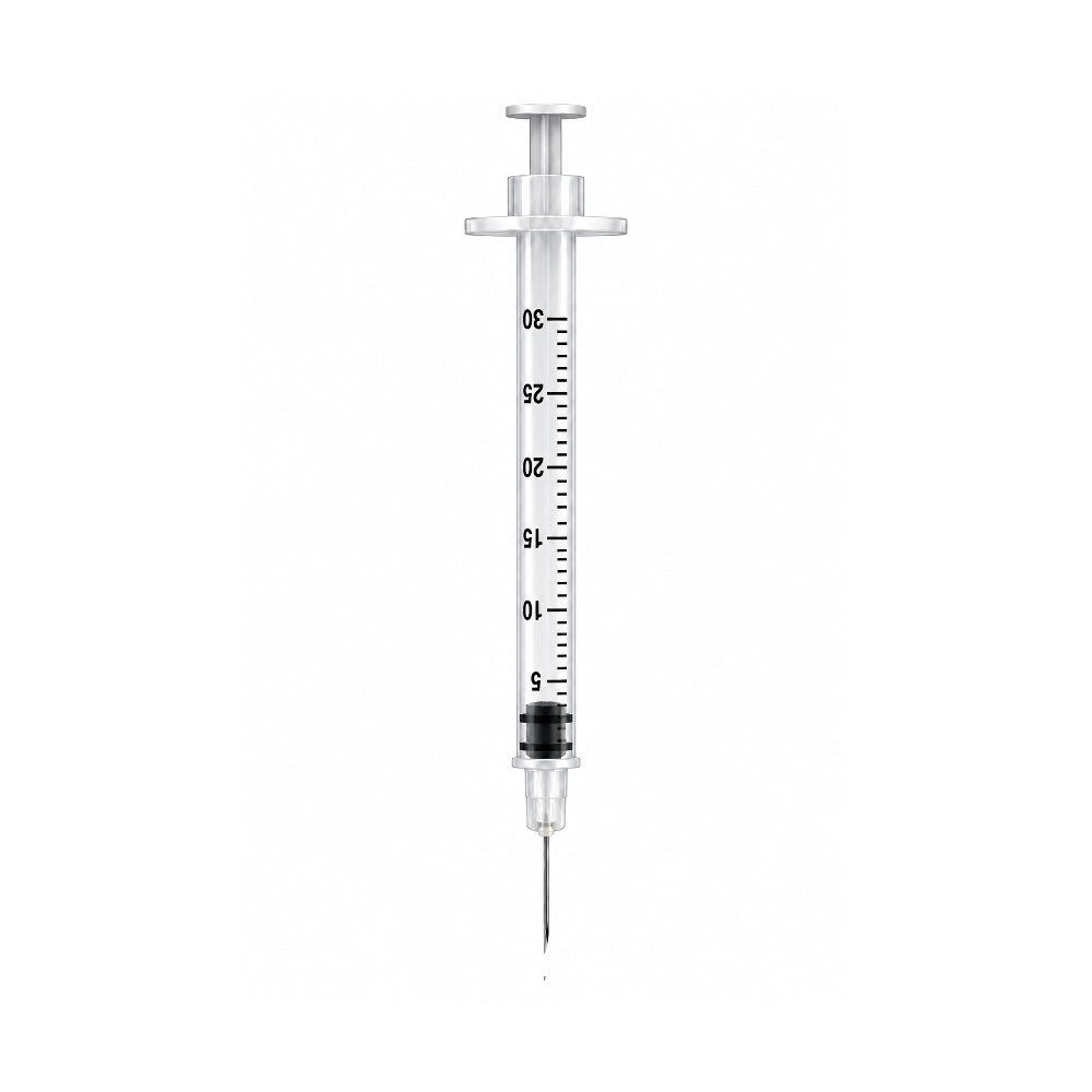 0.3ml Embecta BD Micro-Fine U100 Insulin Syringe and Needle, 31g 6mm, with clear barrel and graduated markings.