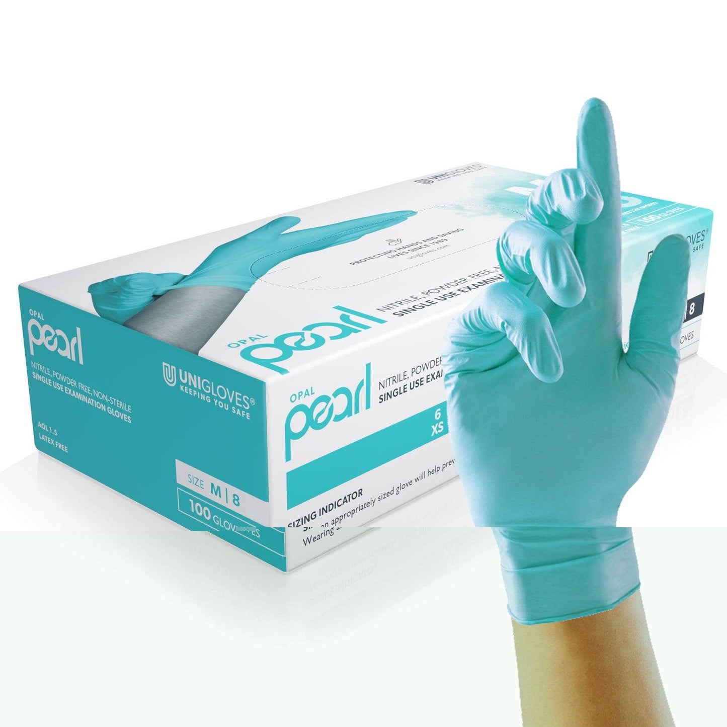 Unigloves Opal Pearl Nitrile Aqua Gloves Box of 100