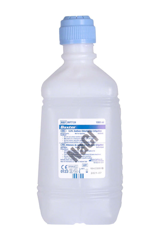 1 Litre NaCl 0.9% Sodium Chloride for Irrigation Baxter NaCl 0.9% Sodium Chloride (Saline) For Irrigation. One Litre (1000ml).