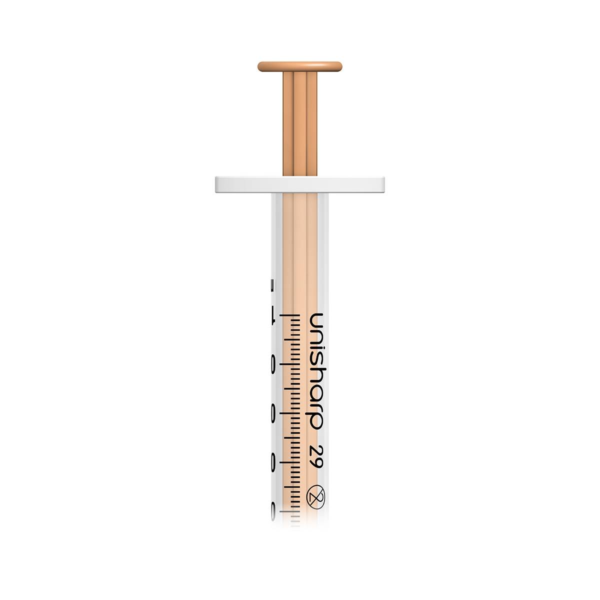 1ml 0.5 inch 29g Peach Unisharp Syringe and Needle u100